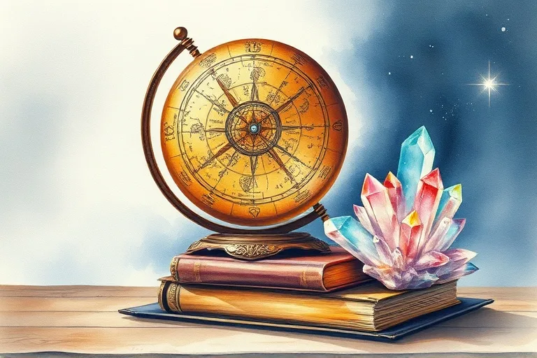 Watercolor painting of an antique celestial globe on books with a glowing crystal cluster, symbolizing intuitive wisdom and healing.