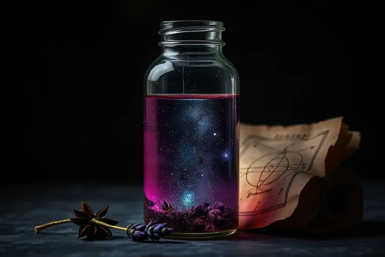 Cinematic still life of a vintage apothecary jar with iridescent liquid, dried herbs, and an ancient scroll, symbolizing hidden knowledge and selfless service.