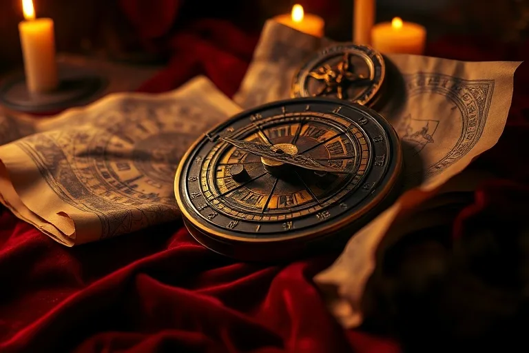 Cinematic still life photography of an ancient astrolabe resting on a velvet cloth, surrounded by old parchment scrolls with astrological symbols, illuminated by soft candlelight, creating a dark, mystical atmosphere. Extreme close-up macro photography.