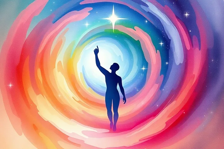 Abstract watercolor painting featuring swirling cosmic colors blending into a vibrant vortex, with subtle, ethereal outlines of a human figure reaching towards a distant star, symbolizing aspiration and alignment. The artwork is fluid and has no distinct facial features or text.
