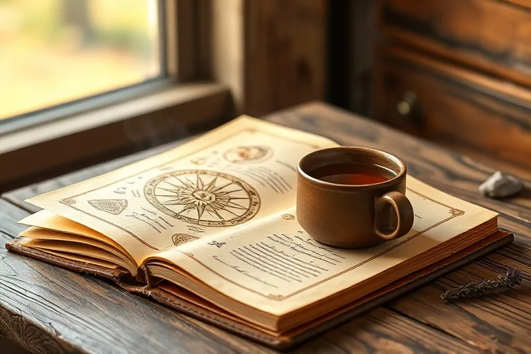 Antique journal with astrological symbols and handwritten notes, next to a cup of herbal tea.