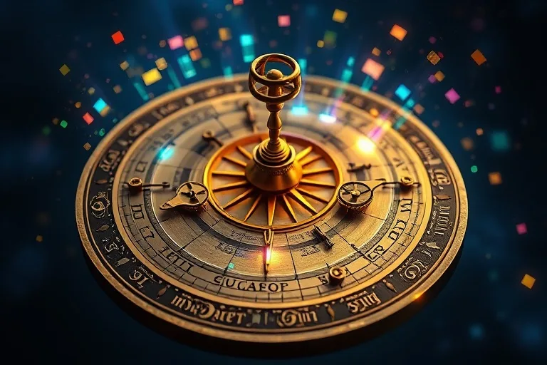 A vintage astrolabe reflecting a holographic projection of social media icons and data streams, symbolizing the integration of ancient wisdom with modern digital life.