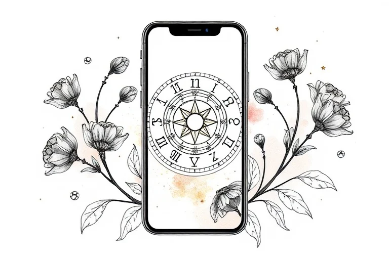 A watercolor painting of a smartphone screen displaying a stylized zodiac wheel, surrounded by digital flowers and binary code, representing harmony between nature and technology.