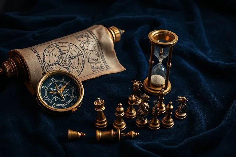 A detailed still life featuring a collection of ancient, symbolic artifacts: a weathered compass, a scroll with faded maps, a small, intricate hourglass, and a set of diverse, stylized chess pieces representing different human archetypes, all arranged on a velvet cloth.