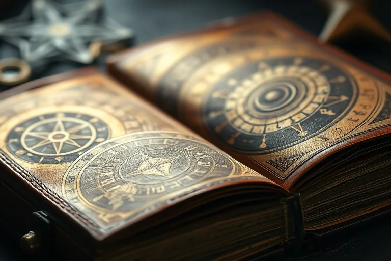 An abstract, cinematic close-up of a vintage, worn leather-bound journal with intricate, symbolic engravings, its pages filled with faded ink and sketches, illuminated by a soft, mysterious light, suggesting untold stories and hidden depths.