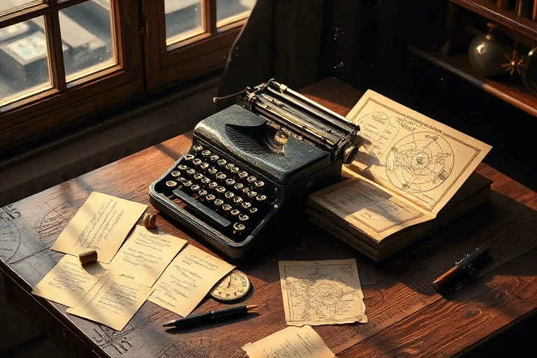 Cinematic still life of a vintage typewriter on a wooden desk, surrounded by scattered handwritten notes and a celestial map, illuminated by ethereal moonlight, symbolizing cosmic inspiration in writing.