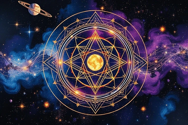 Conceptual art collage depicting abstract planetary orbits intertwining with flowing calligraphic lines, representing creative energy and timing, in deep blues, purples, and golds, focusing on dynamic cosmic rhythm.