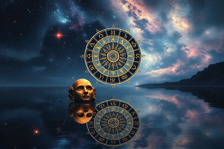 Surrealist oil painting of a fragmented birth chart wheel floating above a calm, reflective pool, showing distorted reflections of archetypal masks, under a dreamlike sky.