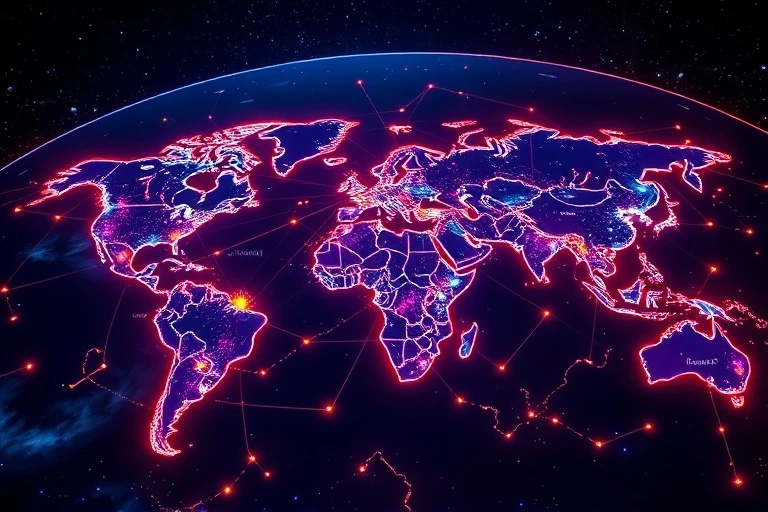 Stylized astrological chart overlaying a world map, with glowing energy lines connecting various cities, creating intricate patterns of cosmic connection.