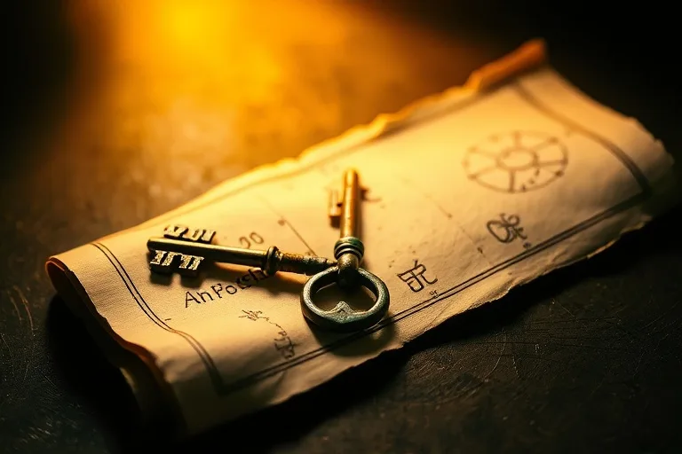 A minimalist composition featuring an ancient-looking key resting on a weathered parchment map, illuminated by a focused beam of light, symbolizing unlocking destiny.