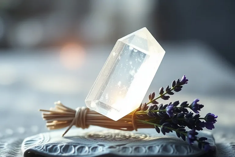 Selenite wand on sage and lavender, cinematic still life for aura cleansing.