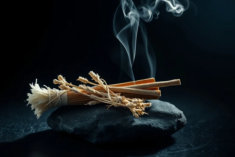 Cinematic still life of a bundle of white sage and palo santo sticks resting on a dark obsidian stone, with delicate wisps of smoke, symbolizing ancient cleansing rituals.