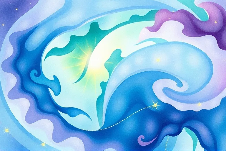Abstract watercolor painting with flowing blues, greens, and purples, subtly interwoven with golden lines, representing energetic reinforcement and a serene, protective barrier.