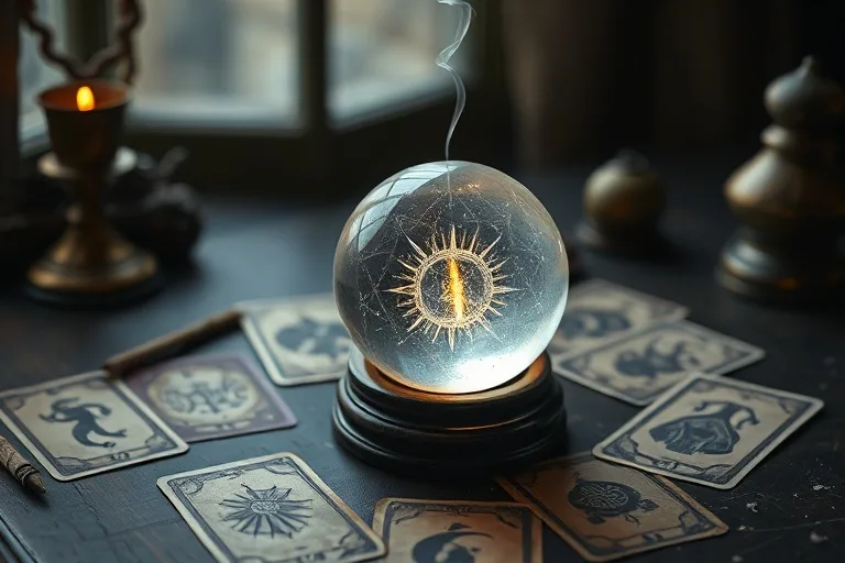 A vintage crystal ball glowing softly on an antique wooden table, surrounded by scattered, worn tarot cards and a smoldering incense stick, soft, mystical lighting.