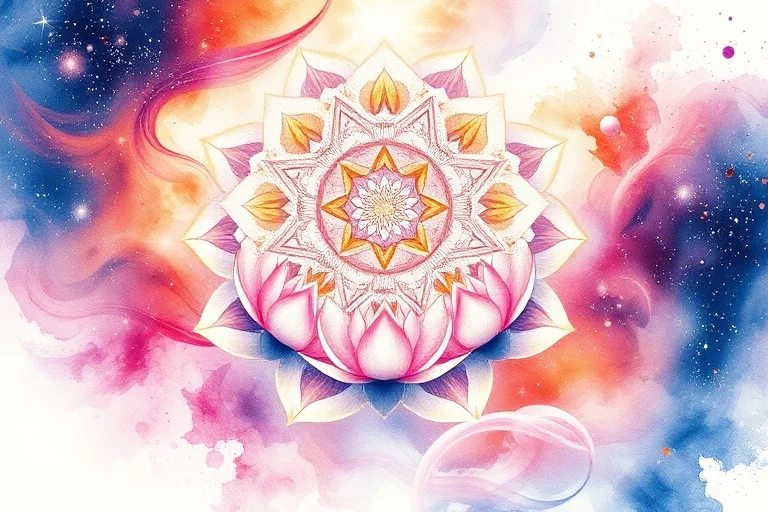 Abstract watercolor painting depicting flowing, vibrant energy currents intertwining with delicate, blooming lotus flowers, rendered in soft pastel colors, creating a serene and calming atmosphere.