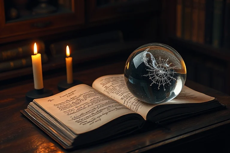 An antique wooden desk with an open journal, flickering candle, and crystal ball, symbolizing spiritual communication.