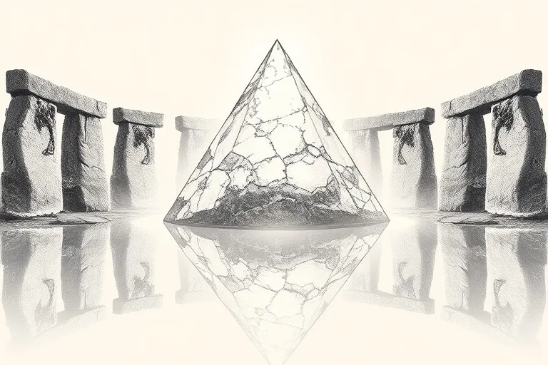 A fragmented crystal pyramid floating above a reflective pool, surrounded by ancient stones, symbolizing channeled wisdom and protection.
