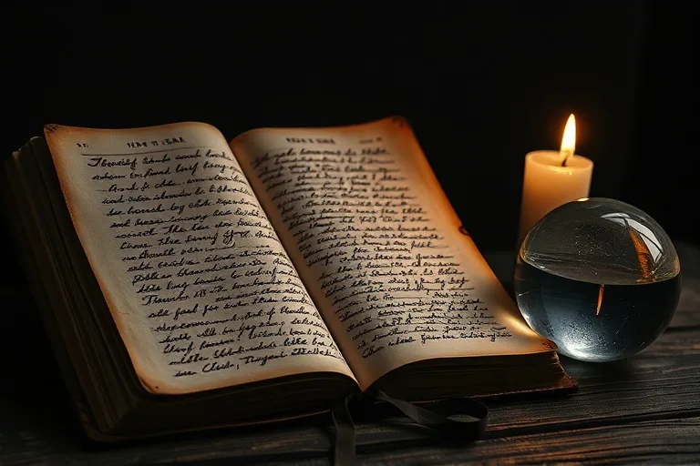 Still life of an open, weathered journal with flowing script, a flickering candle, and a crystal ball, symbolizing deep subconscious exploration.