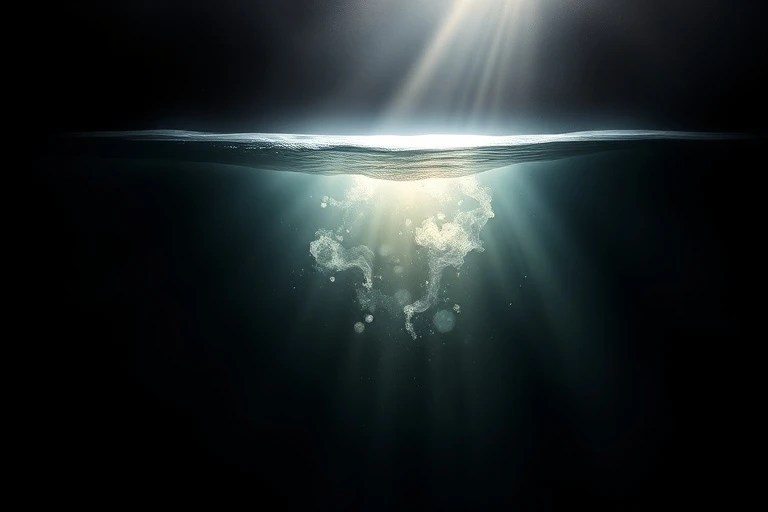 Conceptual art depicting layers of the mind, with a dark abyss, murky waters, and an illuminated surface, symbolizing inner exploration.
