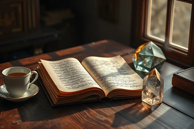Antique wooden desk with an open leather journal, filled with flowing script, illuminated by moonlight, with a steaming cup of tea and a glowing crystal.