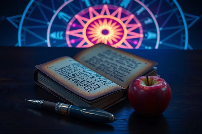 Cinematic Still Life of an antique leather-bound journal with a quill pen, surrounded by glowing geometric patterns and a half-eaten apple, symbolizing raw ideas and intuitive breakthroughs.
