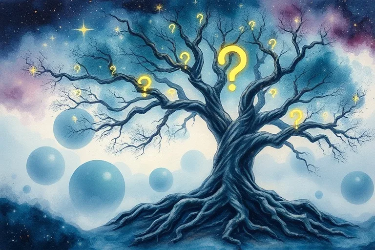 Watercolor painting of a serene, misty landscape with an ancient tree, its roots deep in the earth and branches reaching to a starry sky, leaves forming abstract question marks and solution symbols.