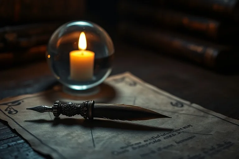 Antique quill pen on aged parchment with a flickering candle and a crystal ball, evoking a mystical, contemplative atmosphere.