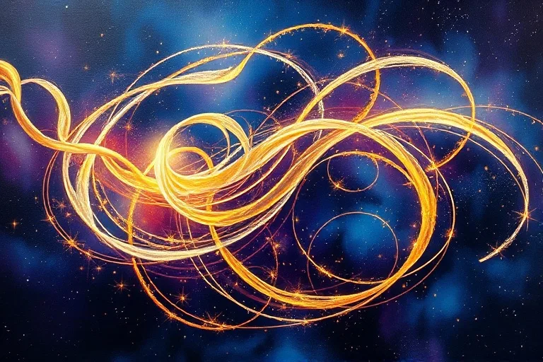 Abstract art depicting swirling, luminous lines of gold and silver intertwining with deep indigo and violet, representing consciousness and energetic flow.
