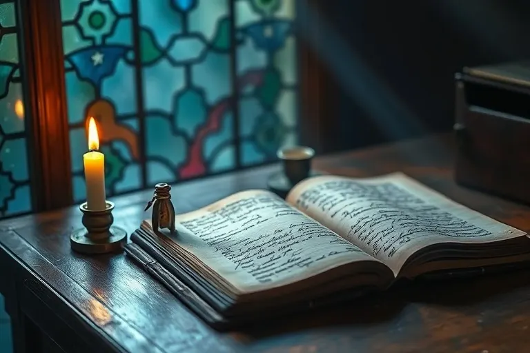 Vintage wooden desk with inkwell, open journal, and flickering candle, bathed in moonlight, cinematic still life.