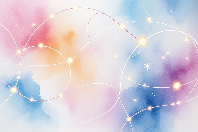 Abstract watercolor painting of interconnected lines and luminous points, symbolizing spiritual communication.