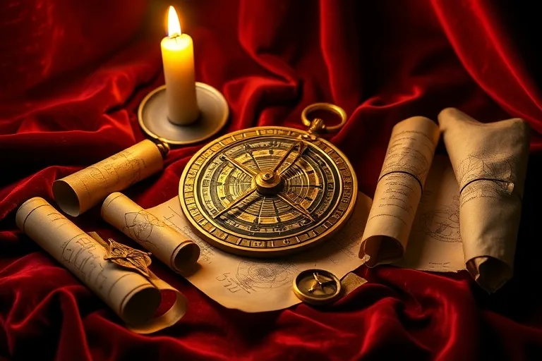 Antique astrolabe on velvet, surrounded by old parchment scrolls and a compass, illuminated by candlelight.