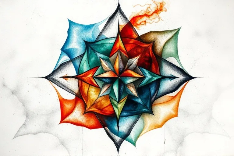 Abstract painting of interconnected geometric shapes in elemental colors, forming a harmonious and dynamic structure.