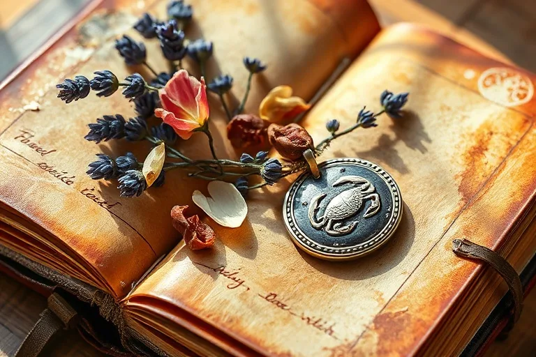 Vintage diary with dried flowers and a silver locket, symbolizing cherished memories and emotional intimacy