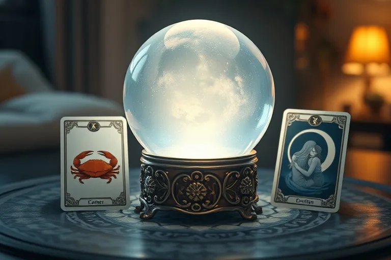 Digital 3D illustration of a crystal ball and tarot cards, symbolizing Cancer's intuition and emotional depth.