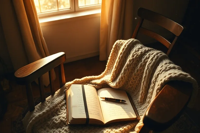 A vintage wooden rocking chair with a soft knitted blanket and an open journal, illuminated by a warm, nostalgic light, symbolizing comfort and introspection.