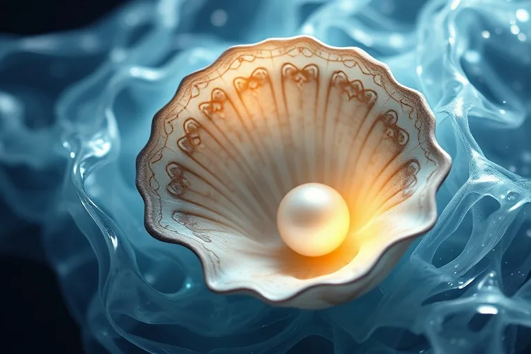 A digitally illustrated intricate seashell protecting a glowing pearl, surrounded by gentle, abstract water currents and soft light, symbolizing protection and hidden value.