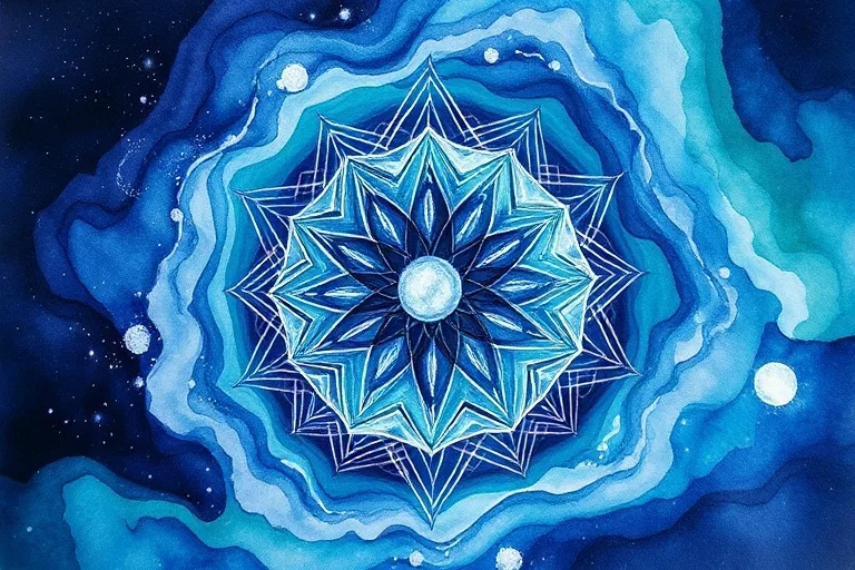 Abstract watercolor painting with swirling blues, greens, and purples, with silver accents.