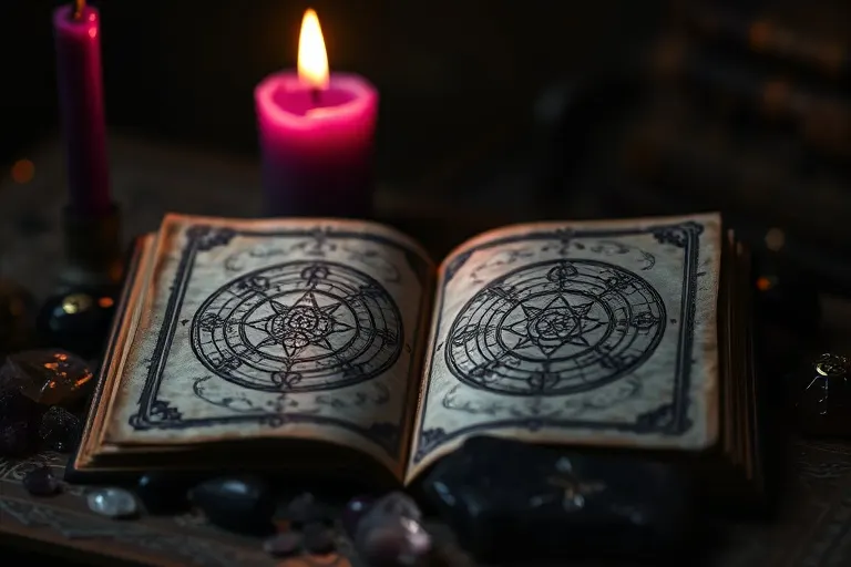 Cinematic still life of an open grimoire with sigil designs and planetary charts, illuminated by a purple candle and surrounded by gemstones.
