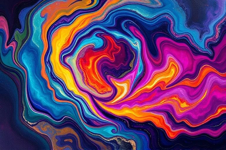 Abstract oil painting of swirling, molten wax in various magical colors, representing dynamic energy flow and complex intentions.