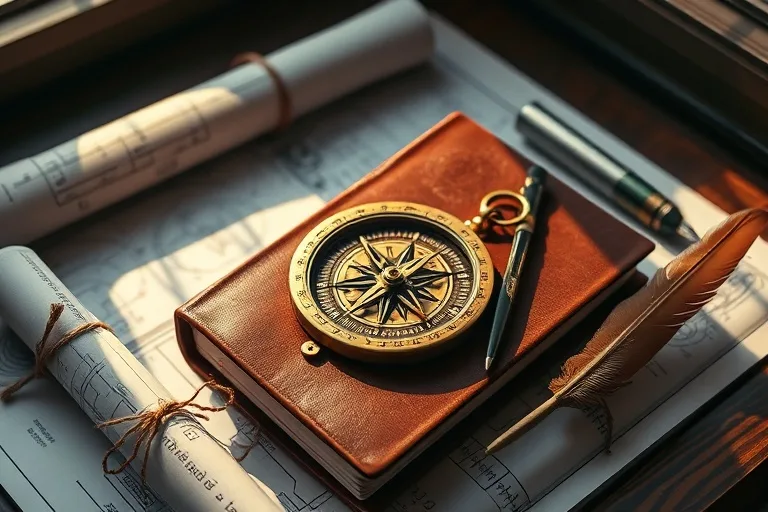 An intricately designed, antique brass compass resting on a worn, leather-bound journal, surrounded by meticulously organized blueprints and a vintage quill pen. The scene is bathed in soft, focused light, emphasizing precision and planning.