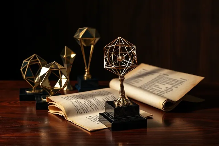 A collection of polished, abstract geometric awards and trophies arranged artfully on a dark mahogany desk, reflecting subtle light. A half-open scroll with a faint, unreadable script lies beside them, suggesting achievement and legacy. Rich textures, deep colors, classical style.