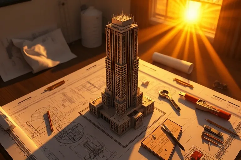 A 3D render of a partially completed skyscraper model, surrounded by blueprints and construction tools, bathed in golden sunset light.