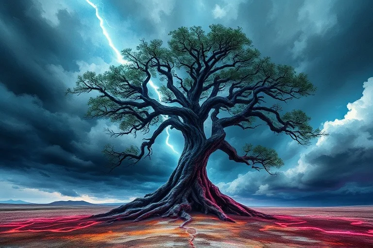 A watercolor painting of a solitary, ancient oak tree with deep roots, standing against a dramatic, stormy sky.