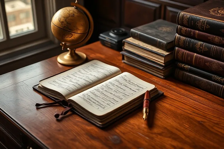 A meticulously organized antique wooden desk with an open ledger, vintage fountain pen, polished globe, and books, symbolizing Capricorn's diligent work and long-term planning.