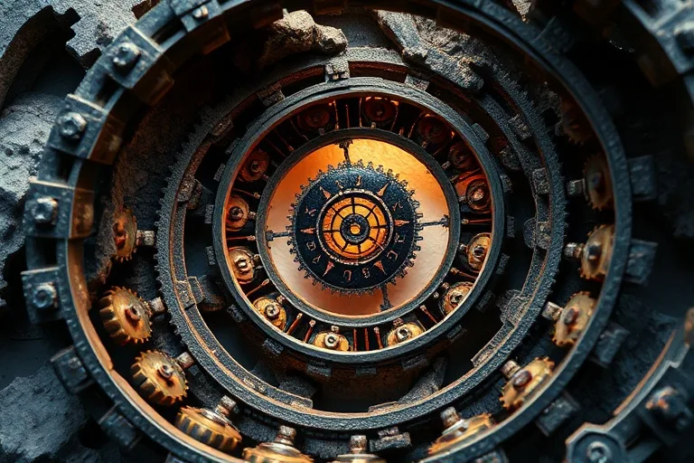 An abstract digital illustration of interlocking gears and cogs in dark metal and stone, forming an ascending spiral with an ethereal glow, symbolizing inner discipline and the passage of time.