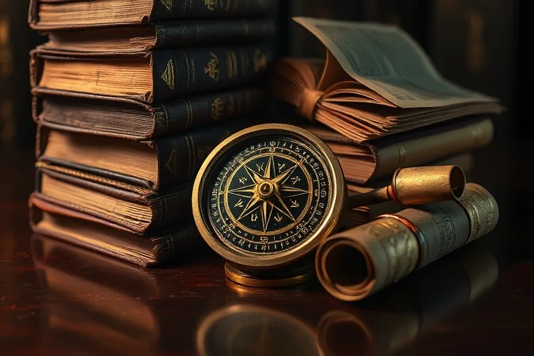 A weathered ancient compass pointing north, surrounded by a stack of heavy, bound books and a single, unfurling scroll, all resting on a polished dark wood table under a soft, directional light.