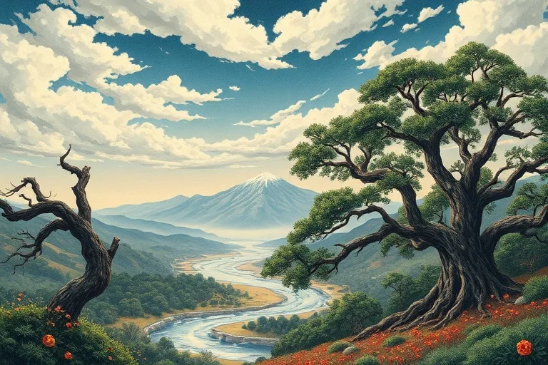 A serene oil painting depicting a strong, ancient oak tree, a winding river flowing towards a distant mountain range, and a sky filled with shifting clouds, all rendered with rich, textured brushstrokes.