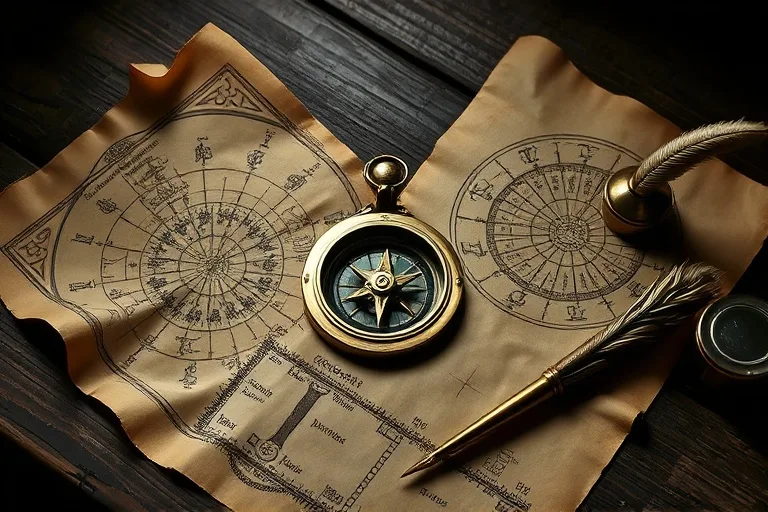 Cinematic still life photography of an antique brass compass on a weathered wooden desk, surrounded by old star charts and a quill, symbolizing ancient astrological wisdom and navigation.