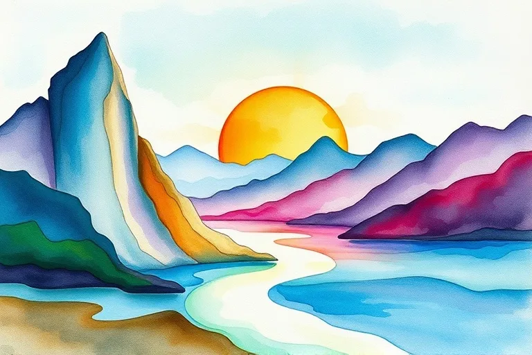Abstract watercolor painting depicting a serene landscape with a towering mountain (fixed), a flowing river (mutable), and a vibrant sunrise (cardinal), symbolizing the blending of natural forces and astrological modalities.