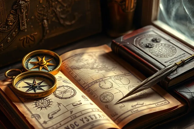 Cinematic still life of an antique compass and journals